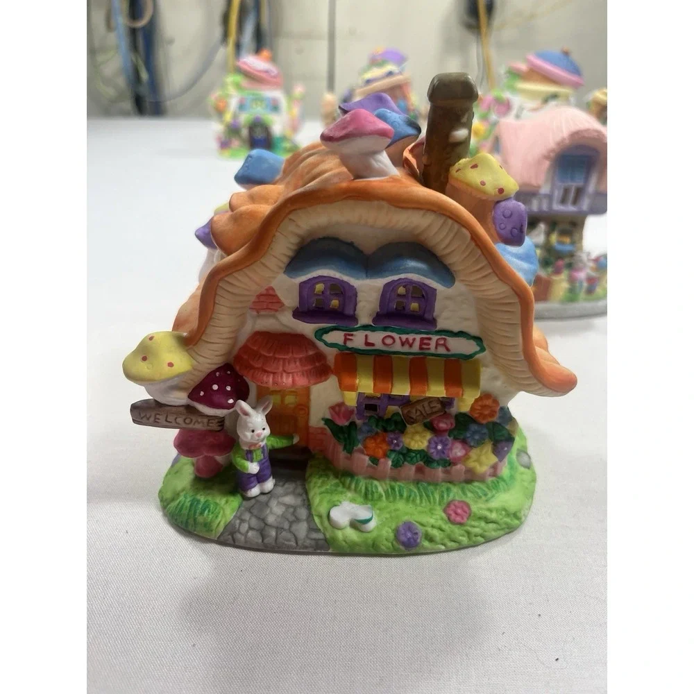 Set of 4 Rabbit Village Cottages Coffee Shop Bakery Flower Shop Houses